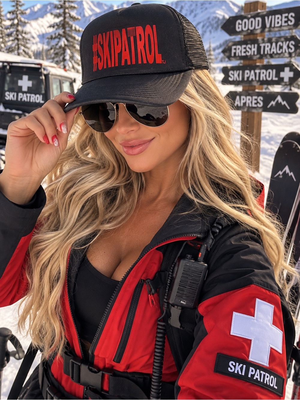 Ski Patrol Trucker Cap in Black and Red